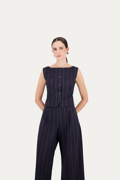 Boat-neck wool vest in blue pinstripe