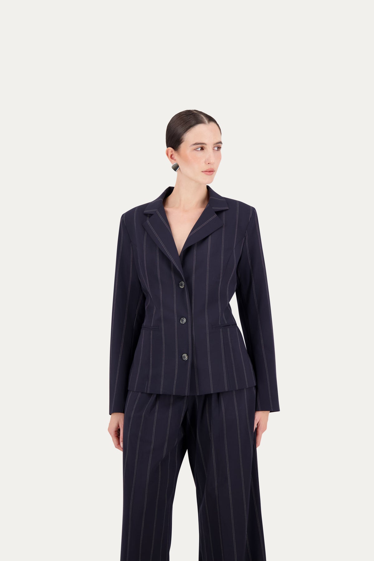 Princess-cut wool blazer with adjustable back belt in blue pinstripe