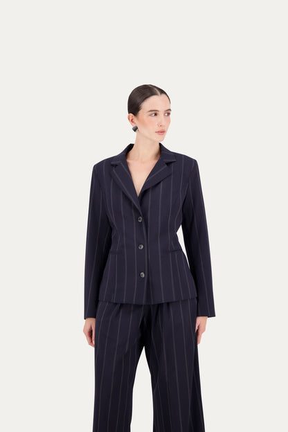 Princess-cut wool blazer with adjustable back belt in blue pinstripe