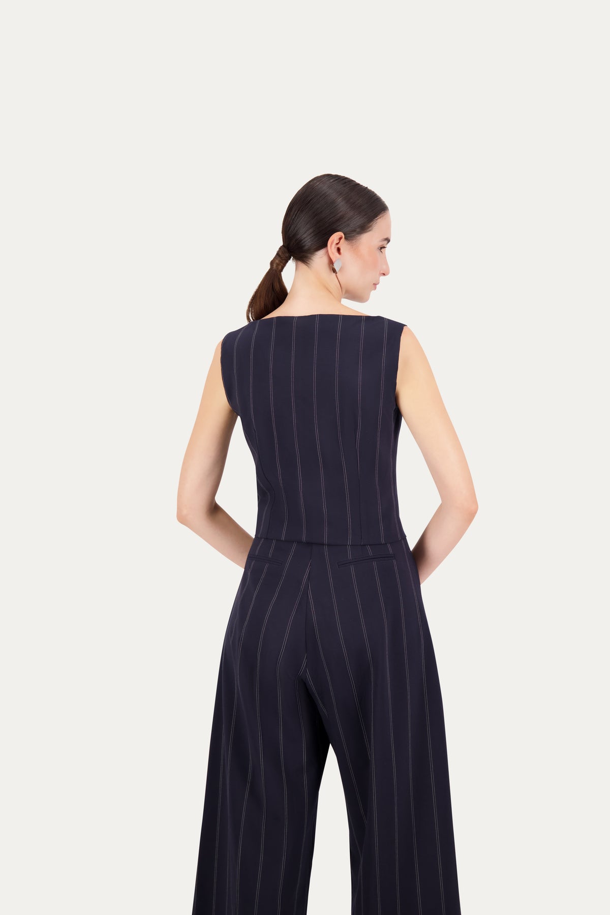 Boat-neck wool vest in blue pinstripe