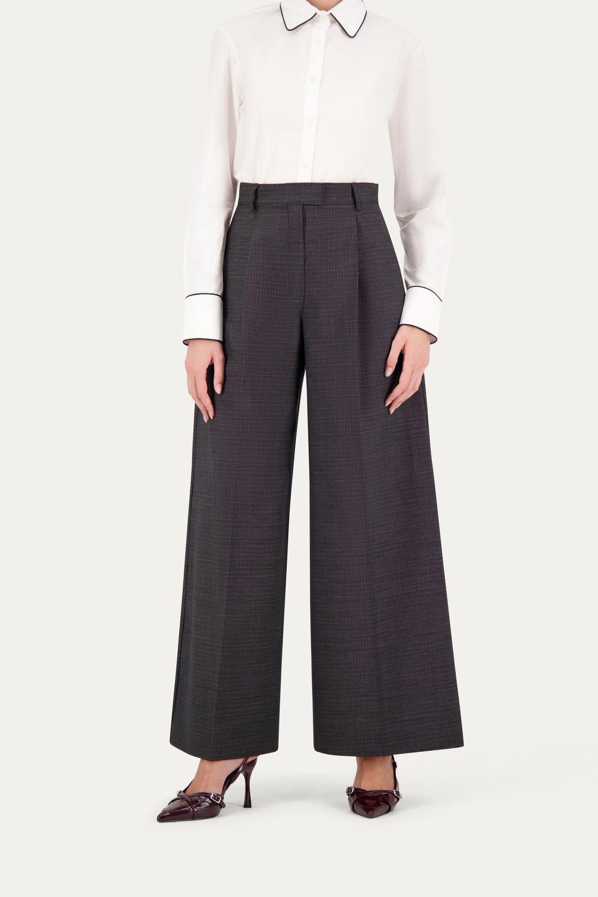 Wide-leg wool trousers in black-and-white weave