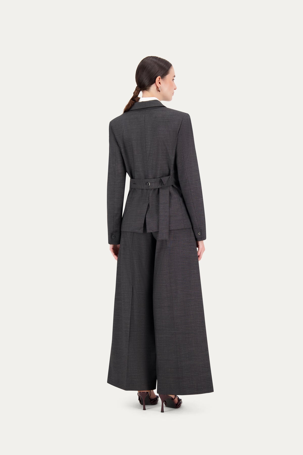 Princess-cut wool blazer with adjustable back belt in black-and-white weave