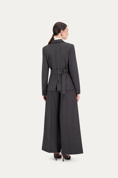 Princess-cut wool blazer with adjustable back belt in black-and-white weave