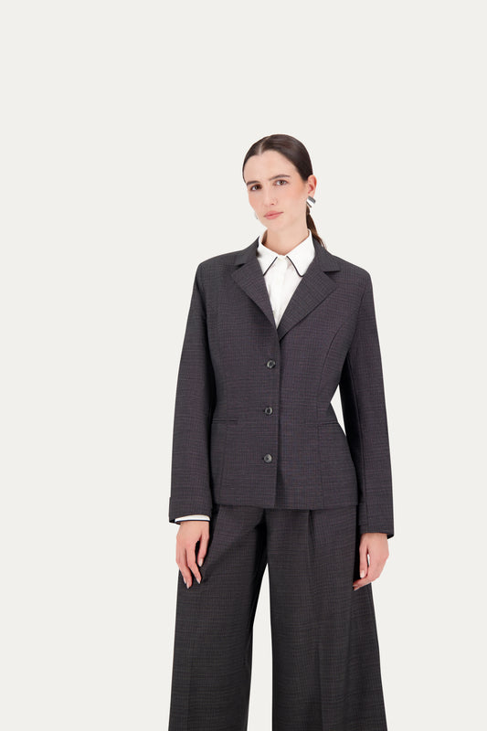 Princess-cut wool blazer with adjustable back belt in black-and-white weave