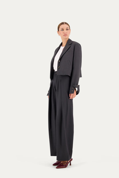 Cropped unstructured wool blazer in grey pinstripe