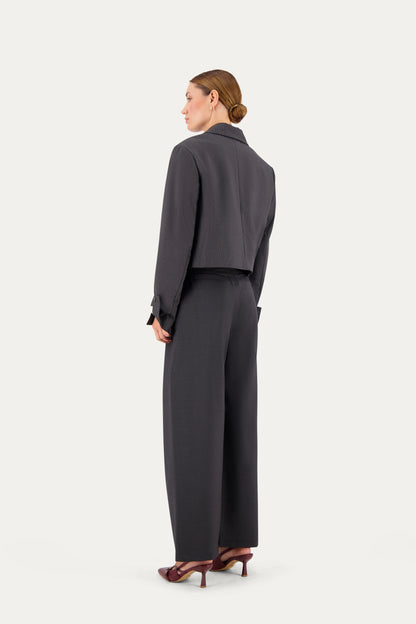 Cropped unstructured wool blazer in grey pinstripe