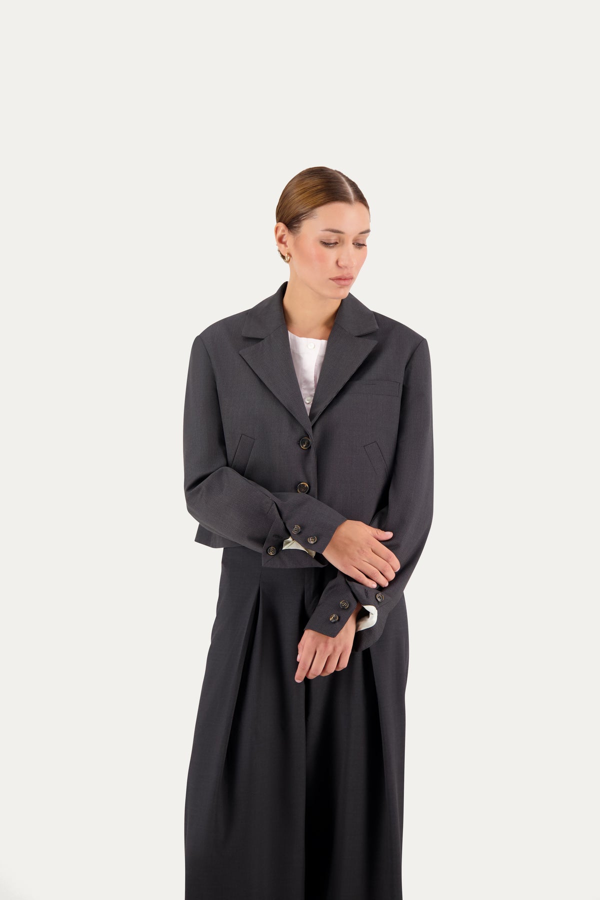 Cropped unstructured wool blazer in grey pinstripe