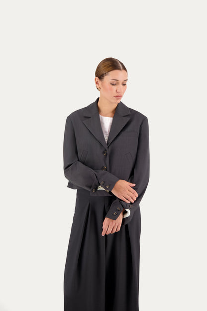 Cropped unstructured wool blazer in grey pinstripe