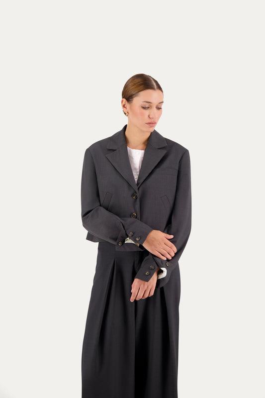 Cropped unstructured wool blazer in grey pinstripe