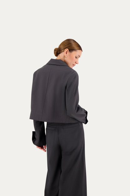 Cropped unstructured wool blazer in grey pinstripe