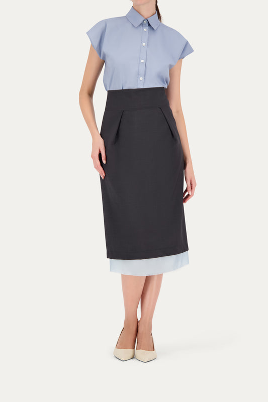 High-waist midi wool skirt in grey with exposed light blue lining