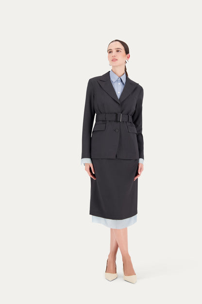 Wool blazer in grey with belt and exposed light blue lining on the sleeves