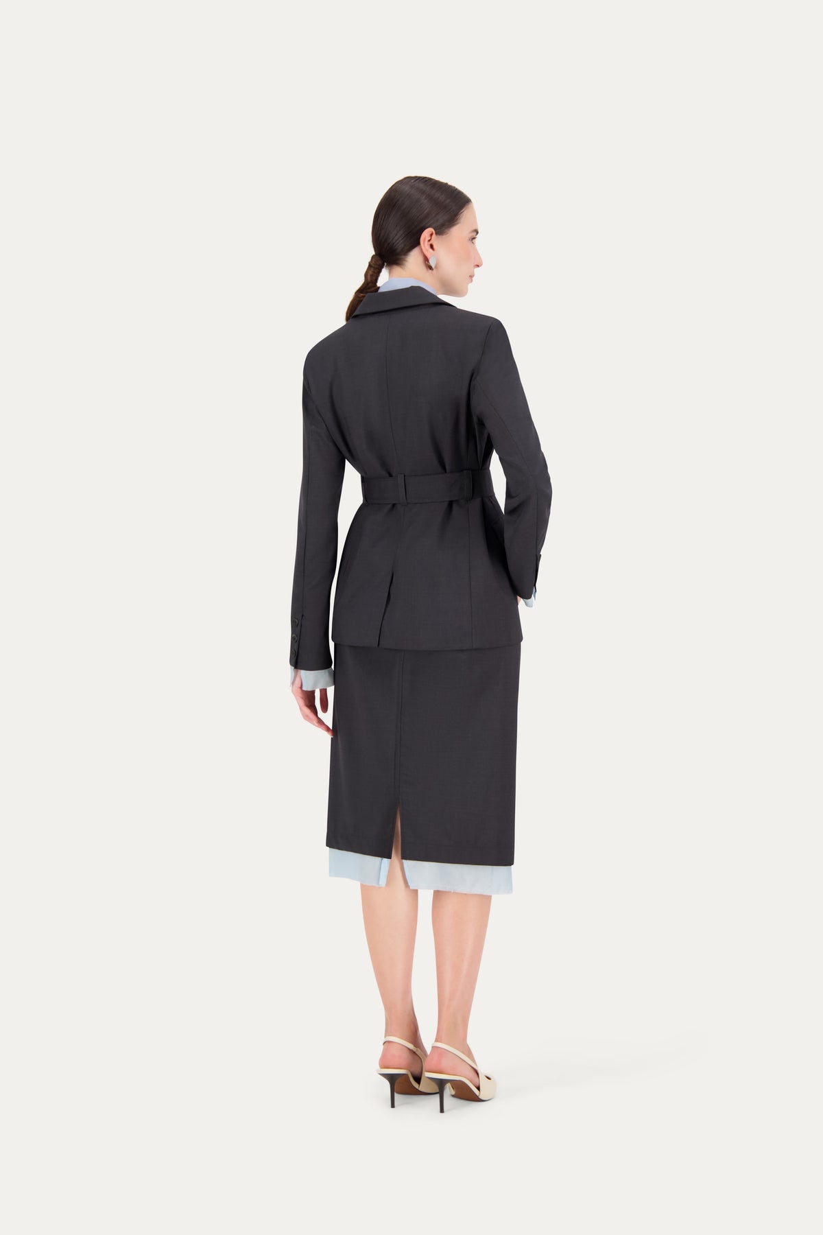High-waist midi wool skirt in grey with exposed light blue lining