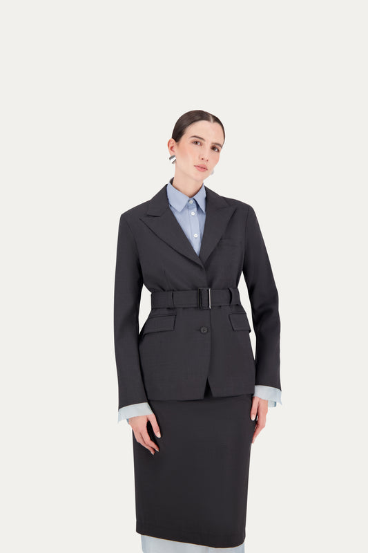 Wool blazer in grey with belt and exposed light blue lining on the sleeves