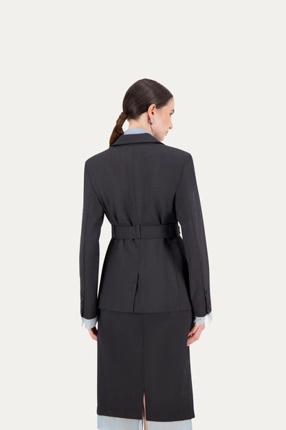 Wool blazer in grey with belt and exposed light blue lining on the sleeves