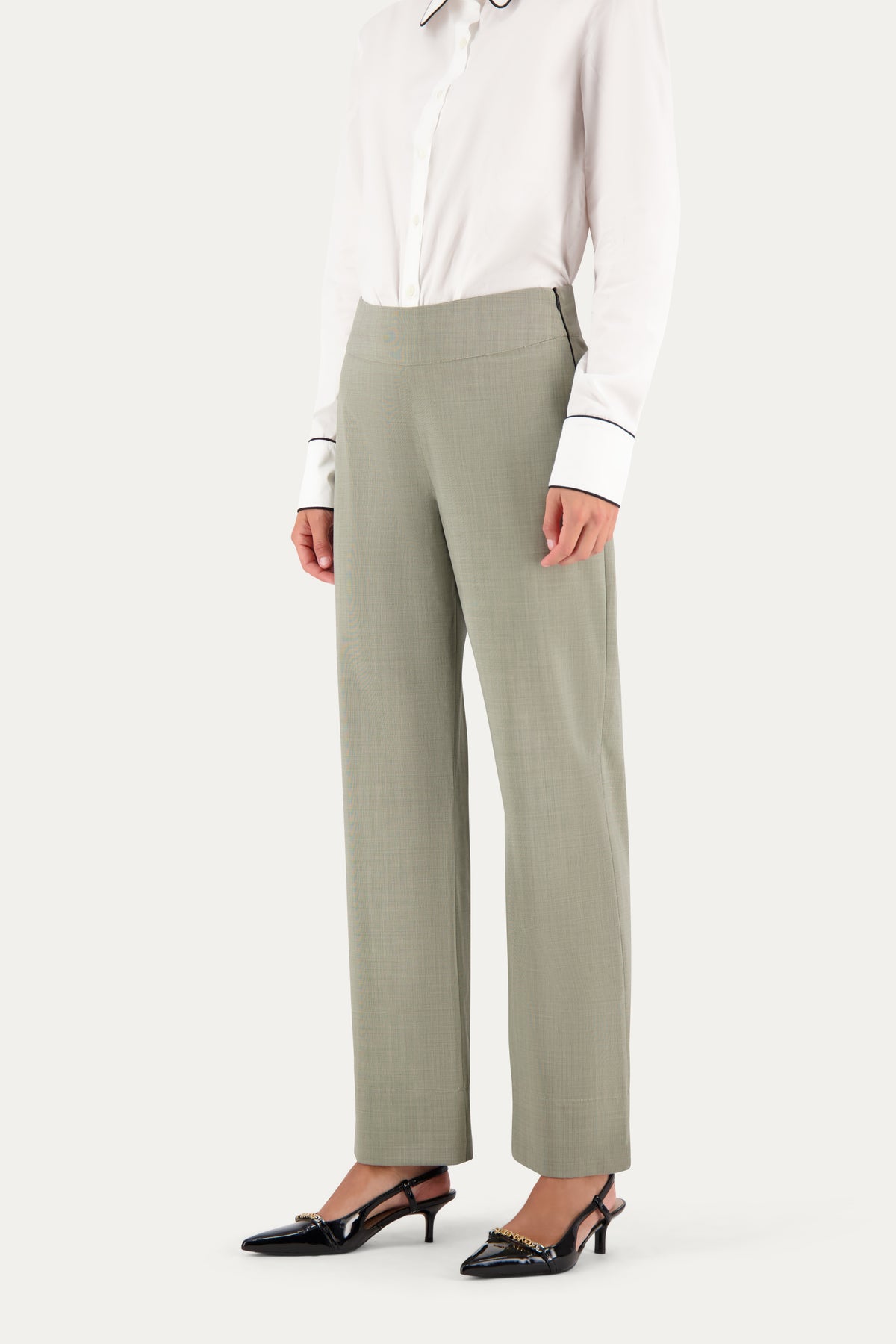 Straight-leg wool trousers in sage green with a small ankle slit