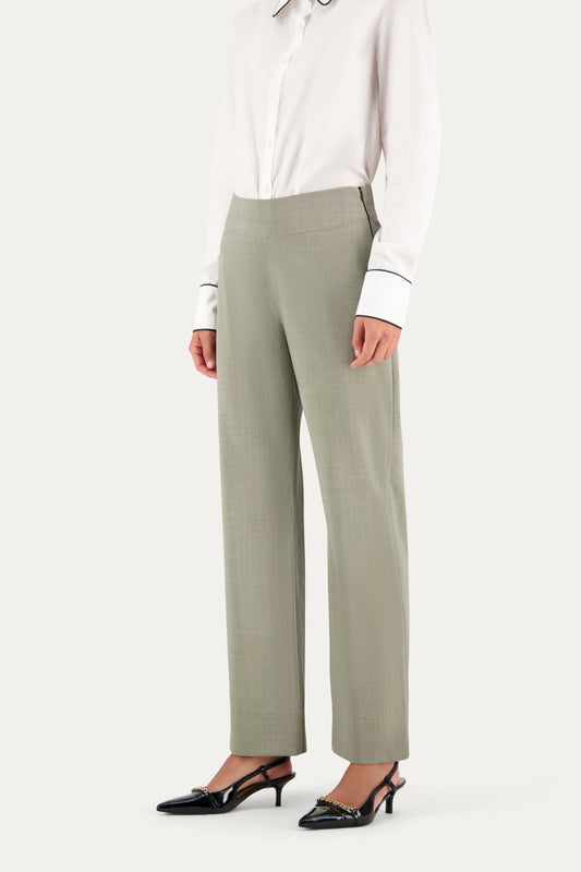 Straight-leg wool trousers in sage green with a small ankle slit