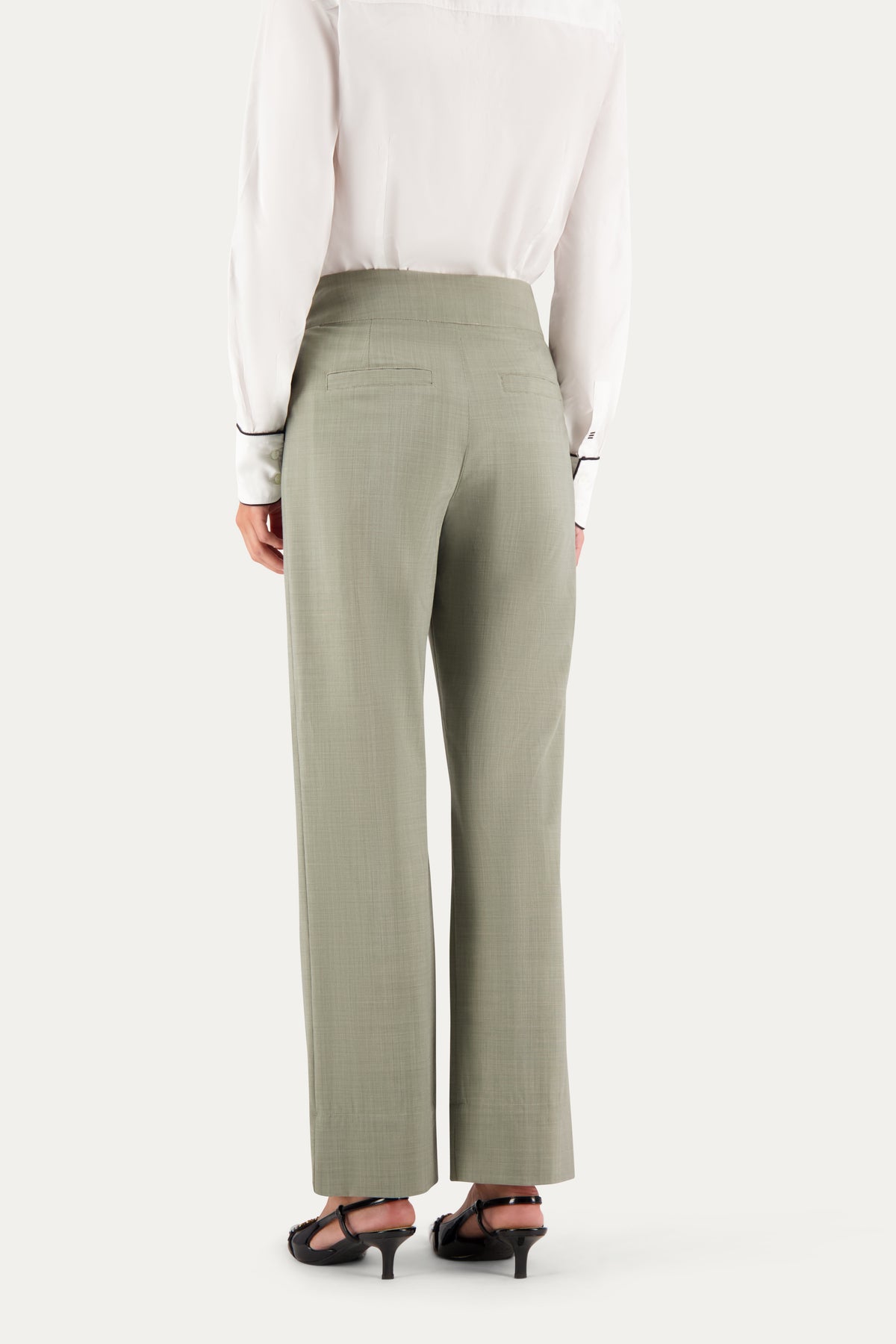 Straight-leg wool trousers in sage green with a small ankle slit
