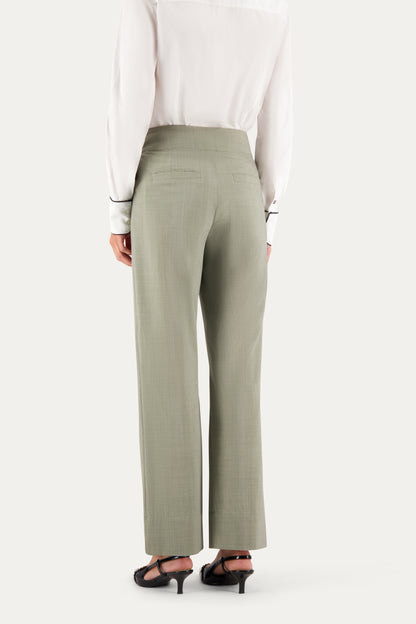 Straight-leg wool trousers in sage green with a small ankle slit