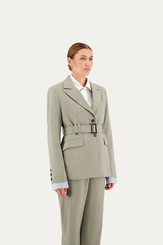 Wool blazer in sage green with belt and exposed light blue lining on the sleeves