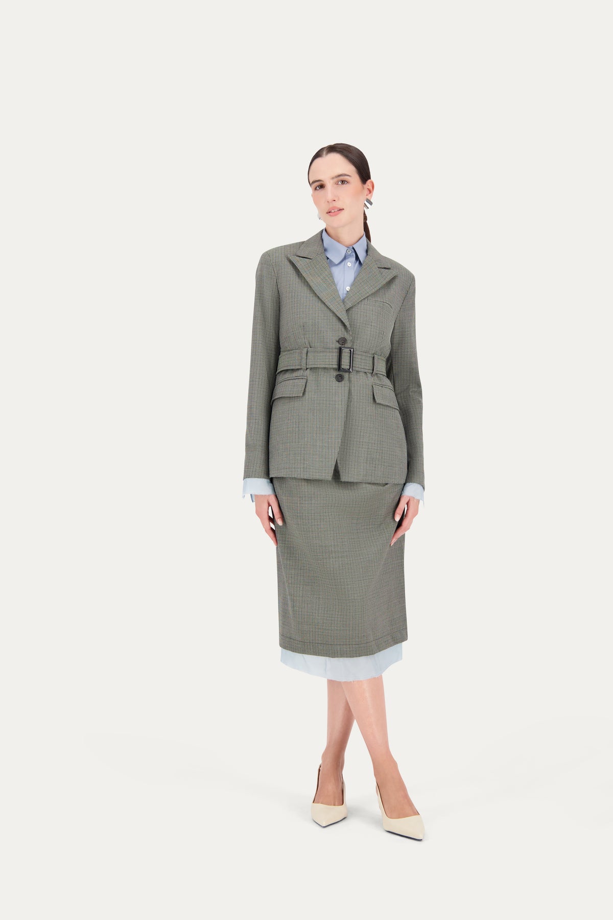 Blazer con cintura in lana trama verde e nera con fodera a vista su manica