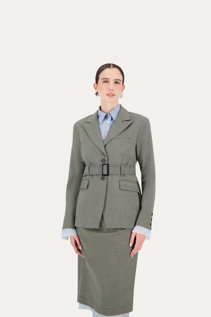 Blazer con cintura in lana trama verde e nera con fodera a vista su manica