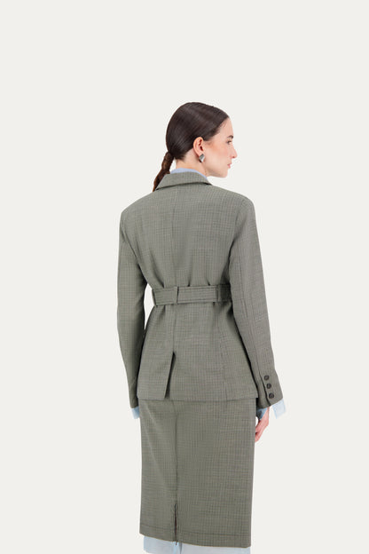 Blazer con cintura in lana trama verde e nera con fodera a vista su manica