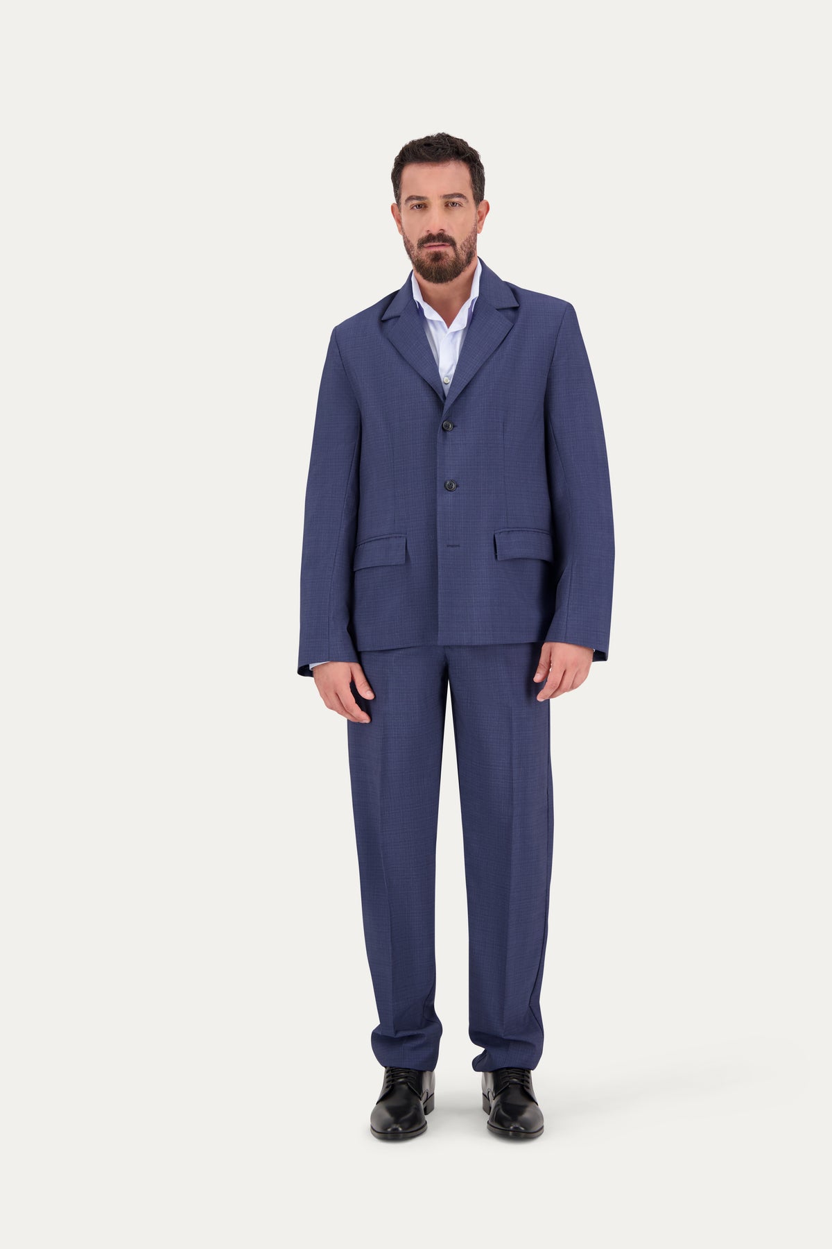 Straight-leg wool trousers with pressed crease in blue and black weave