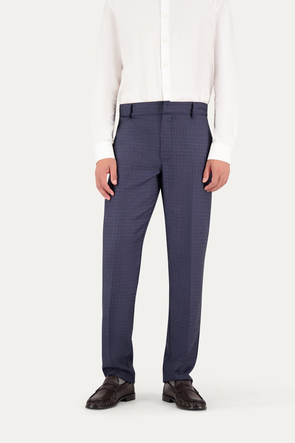 Pantalone dritto con piega stirata in lana trama blu e bianco
