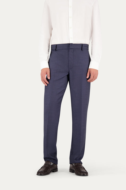 Straight-leg wool trousers with pressed crease in blue and white weave