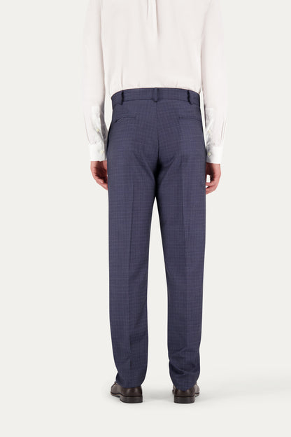 Pantalone dritto con piega stirata in lana trama blu e bianco