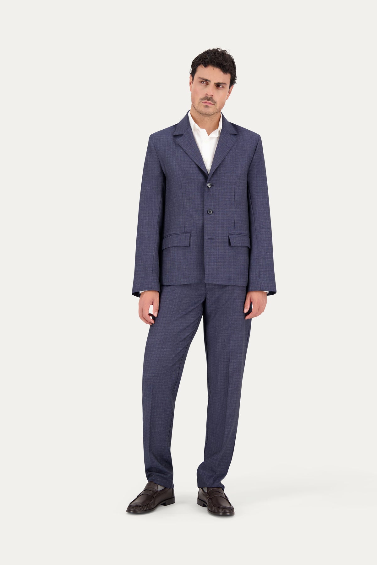 Pantalone dritto con piega stirata in lana trama blu e bianco