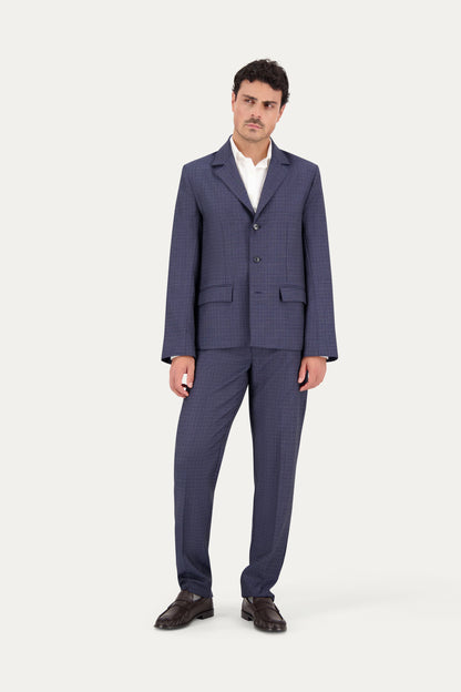 Pantalone dritto con piega stirata in lana trama blu e bianco