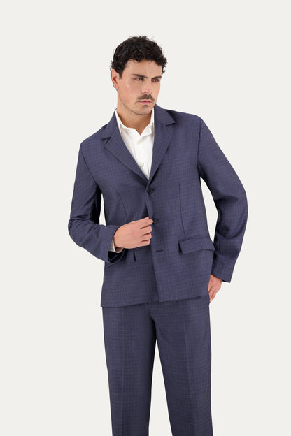 Blazer regular in lana trama blu e bianco