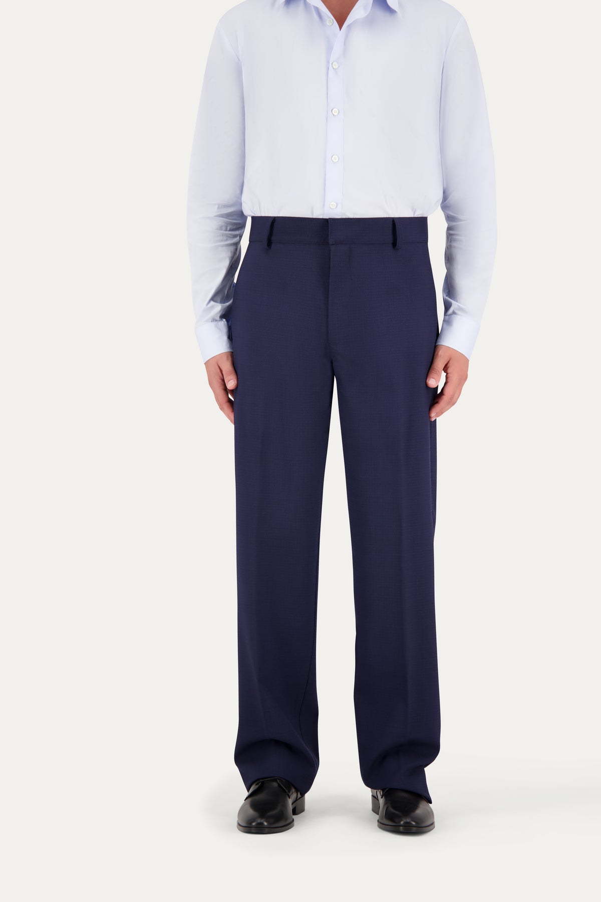 Pantalone morbido in lana trama blu su blu