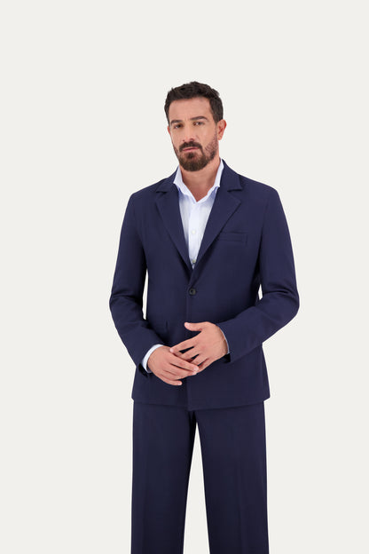 Blazer slim in lana trama blu su blu