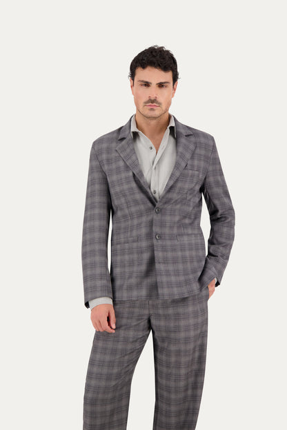 Slim-fit blazer in grey wool with a check pattern