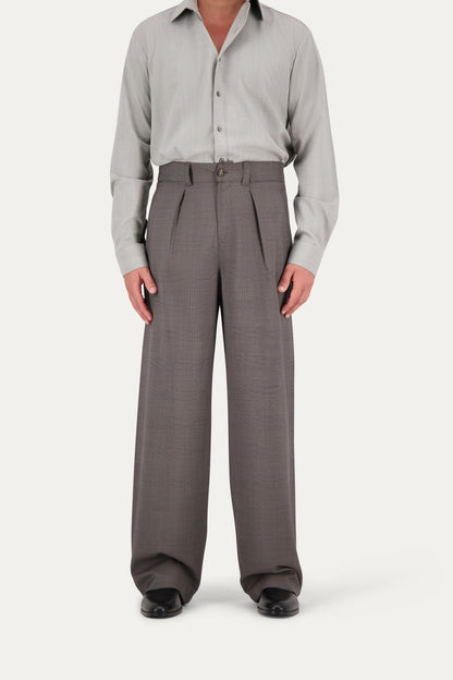 Pantalone con pinces in lana Principe di Galles marrone