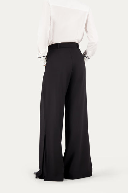 Pantalone sartoriale wide leg in lana nero con spacco laterale