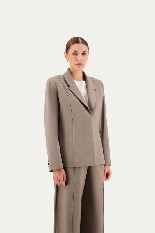 Blazer in fresco lana marrone chiaro con piping tono su tono