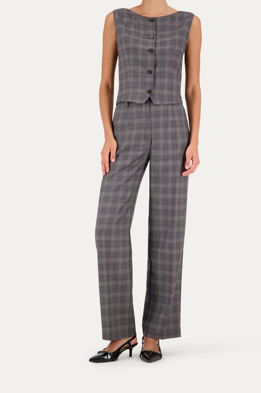 Straight-leg wool trousers in grey with pressed crease and check pattern