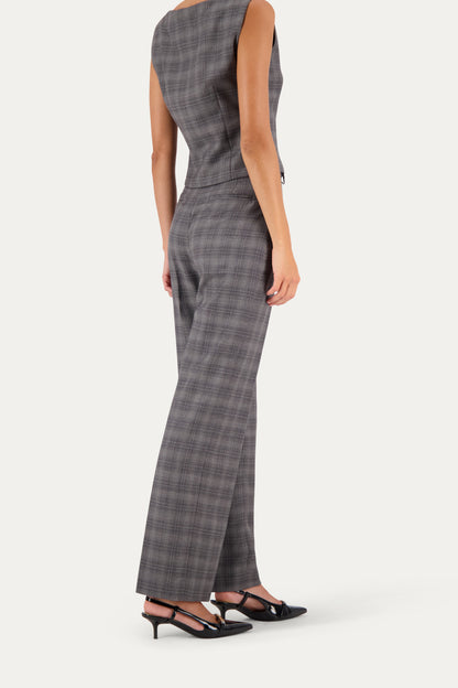 Straight-leg wool trousers in grey with pressed crease and check pattern