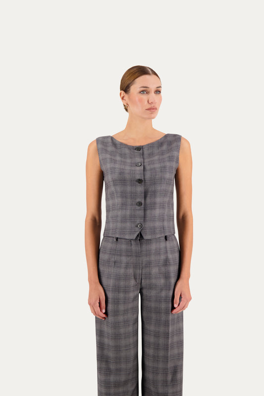 Gilet con scollo a barca in lana grigio con fantasia a quadri