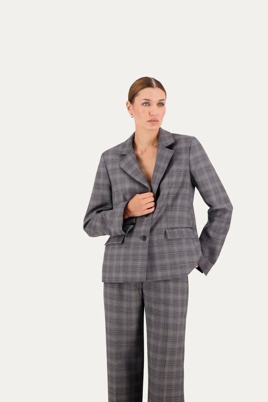 Regular-fit wool blazer with vented sleeves in grey check pattern