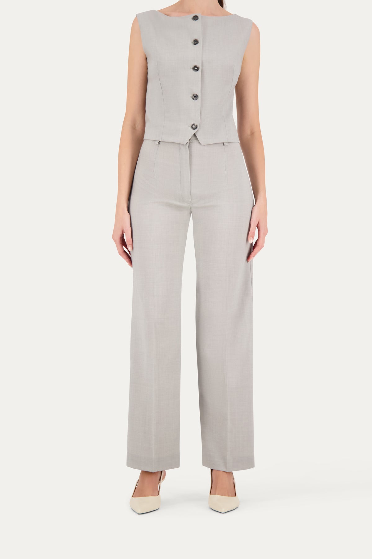 Straight-leg wool trousers with pressed crease in light grey