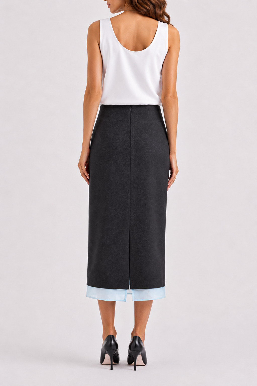 High-waist midi wool skirt in grey with exposed light blue lining