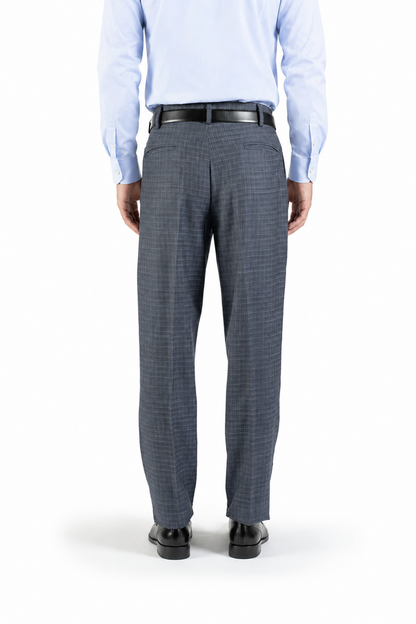 Pantalone dritto con piega stirata in lana trama blu e bianco