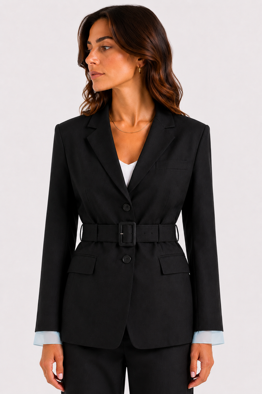 Wool blazer in grey with belt and exposed light blue lining on the sleeves