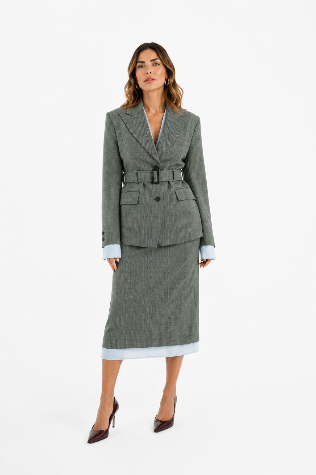Wool blazer in green-and-black weave with belt and exposed light blue lining on the sleeves