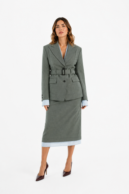Wool blazer in green-and-black weave with belt and exposed light blue lining on the sleeves